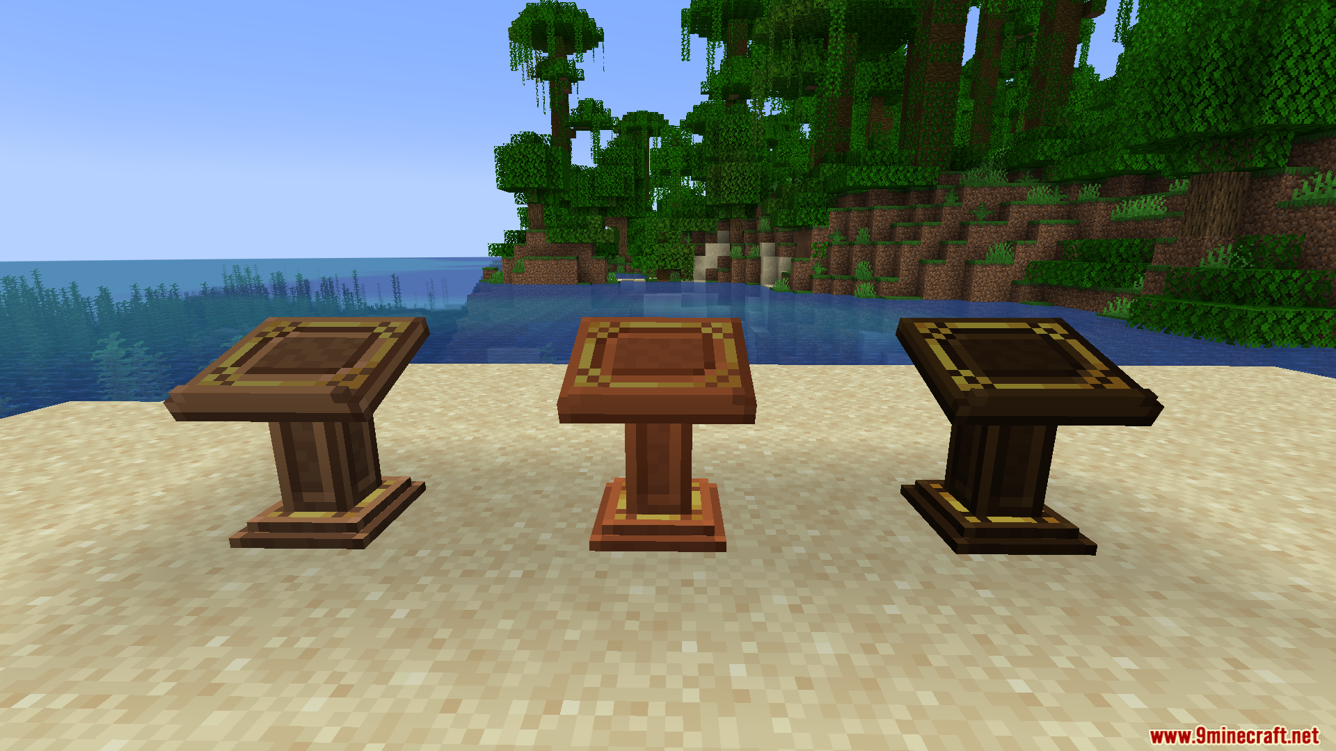 Three wooden magical pedestals placed on a sandy beach near the water