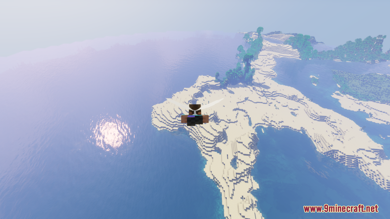 Player flying over a sandy coastline with fairy wings