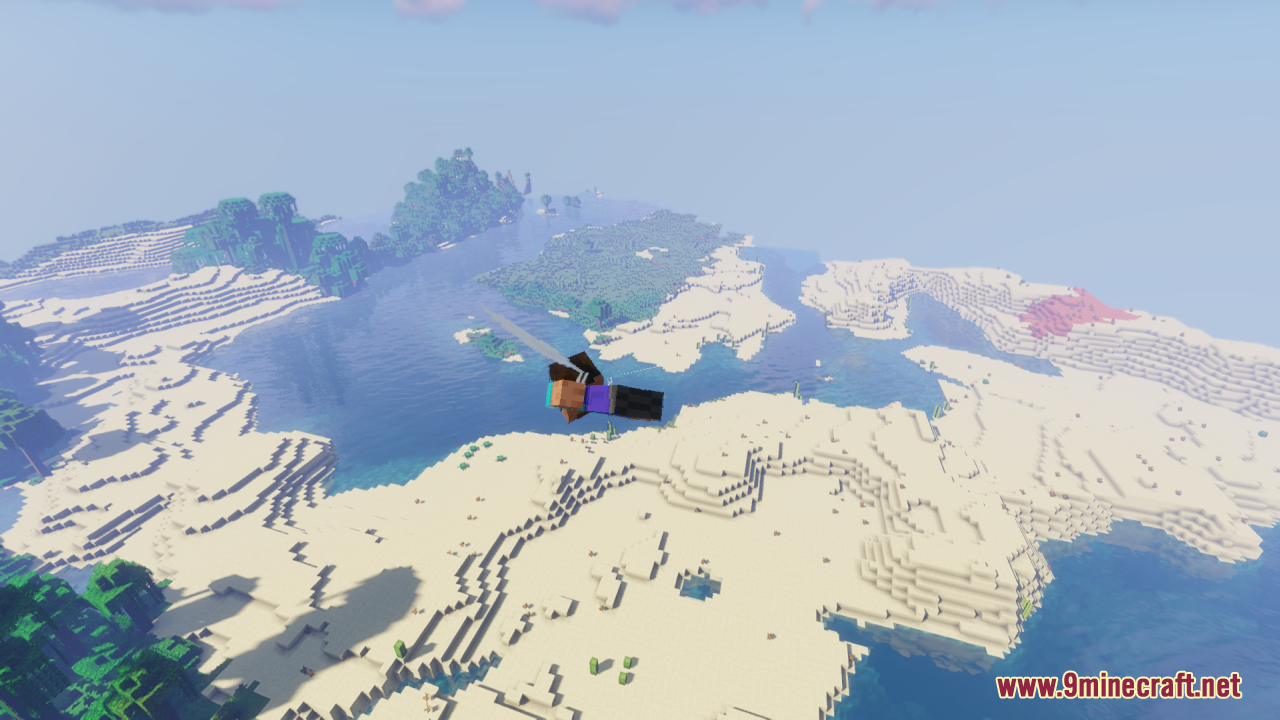 Player flying over a coastline with sandy beaches