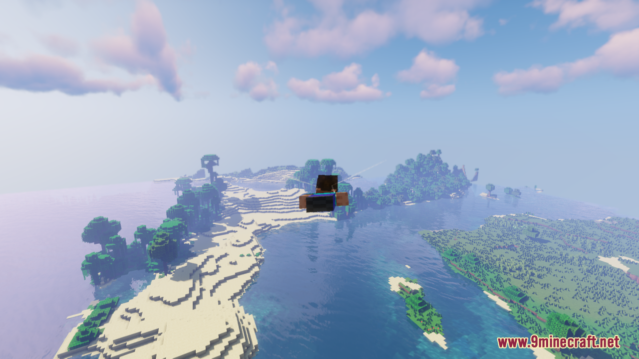 Gliding above a world with islands and clear water