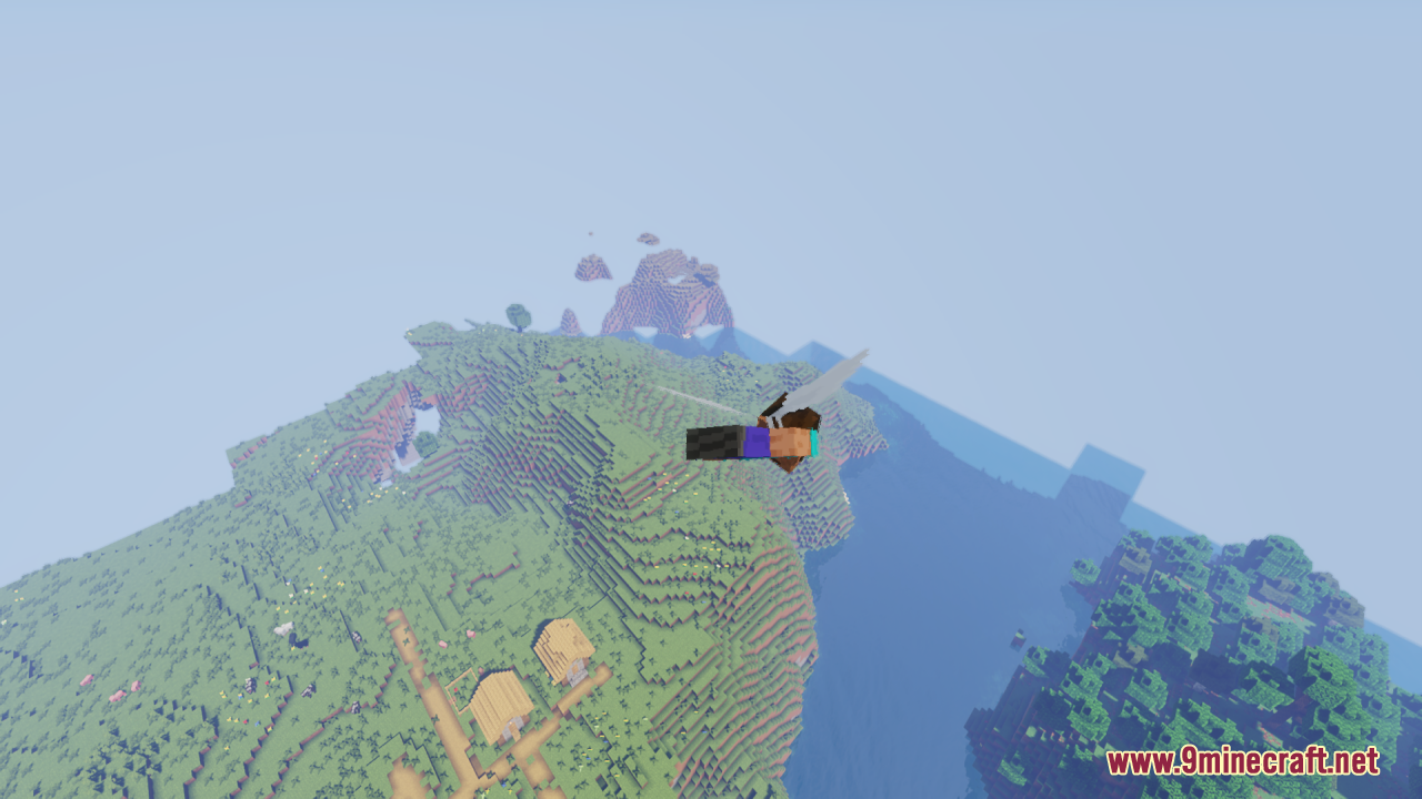A player with fairy wings soars over a village