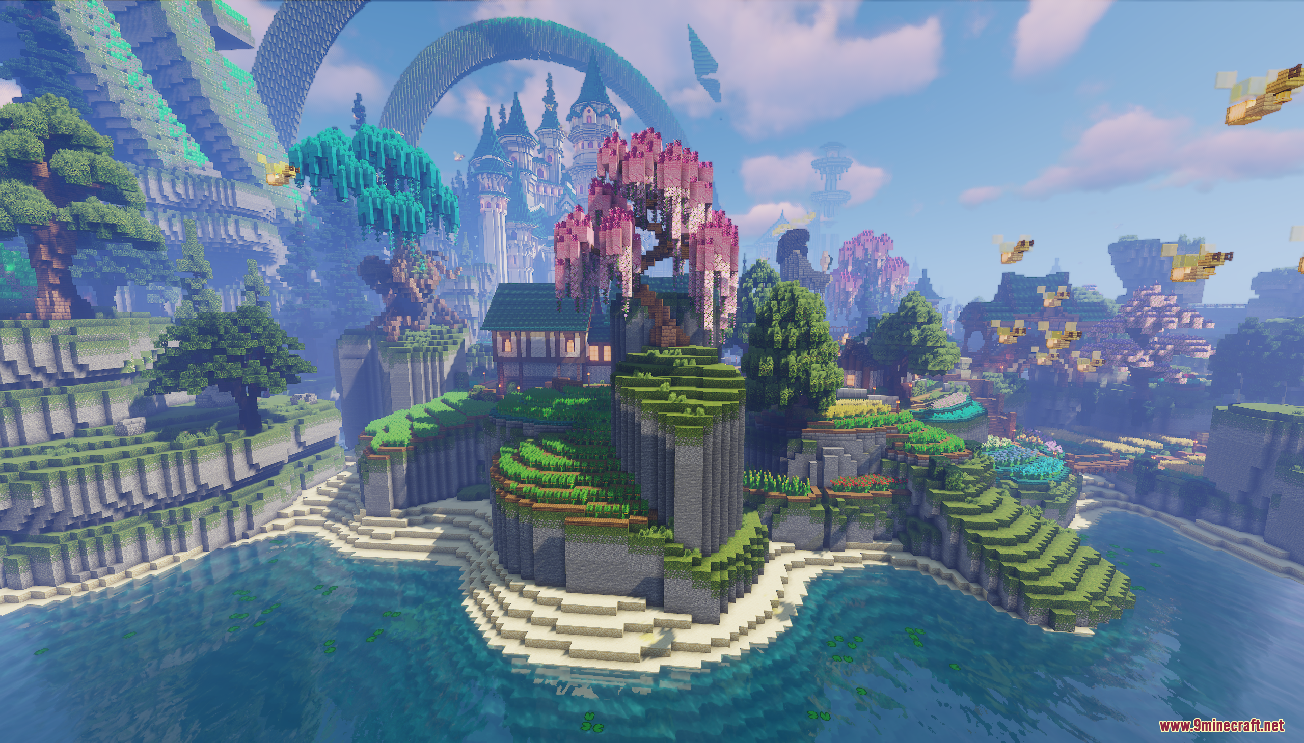 Emerald Era Map Screenshot 1 A scenic island with a pink tree and a grand castle under giant rings