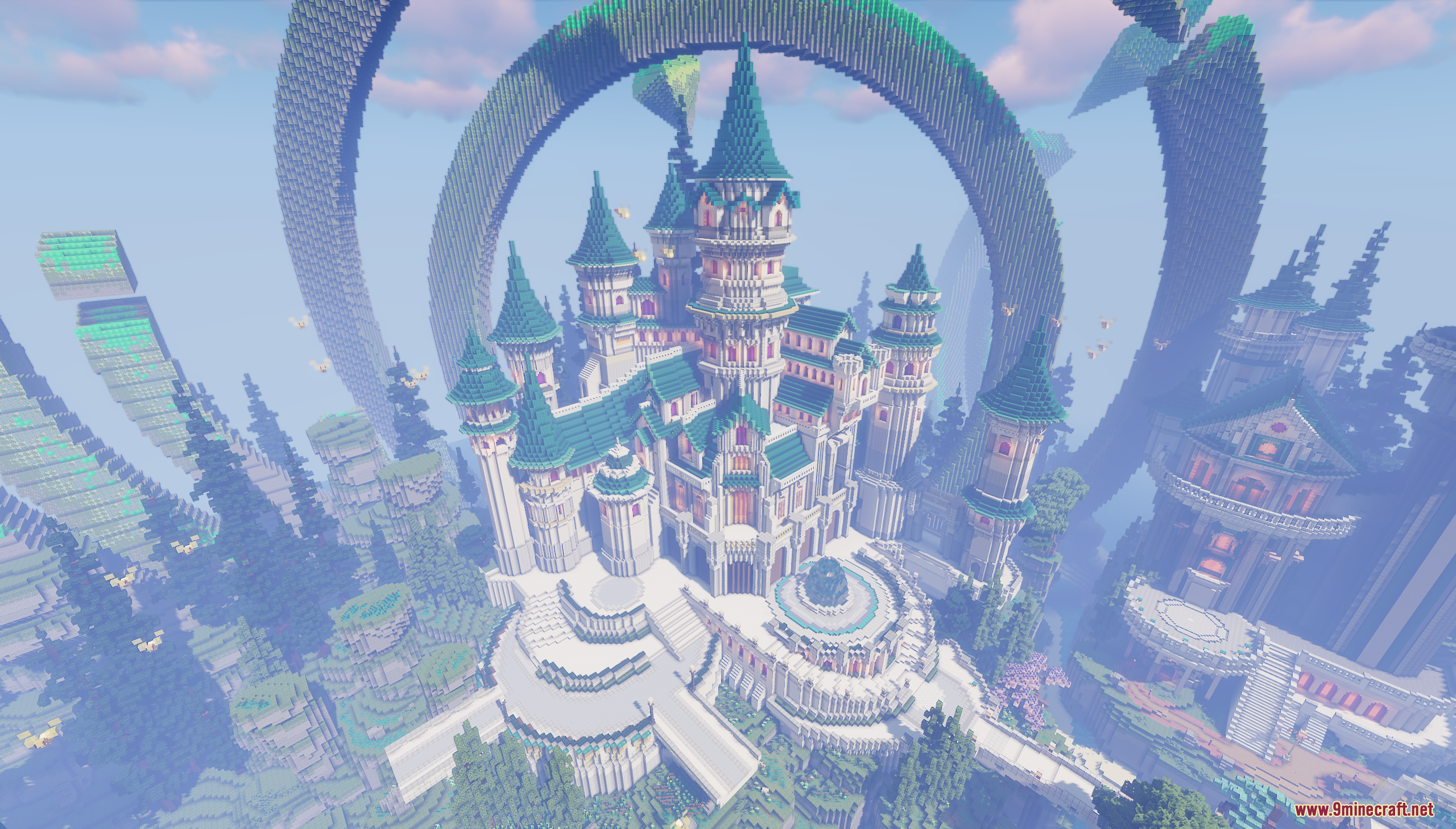 Emerald Era Map Screenshot 10 A grand white castle with teal roofs surrounded by giant floating stone rings