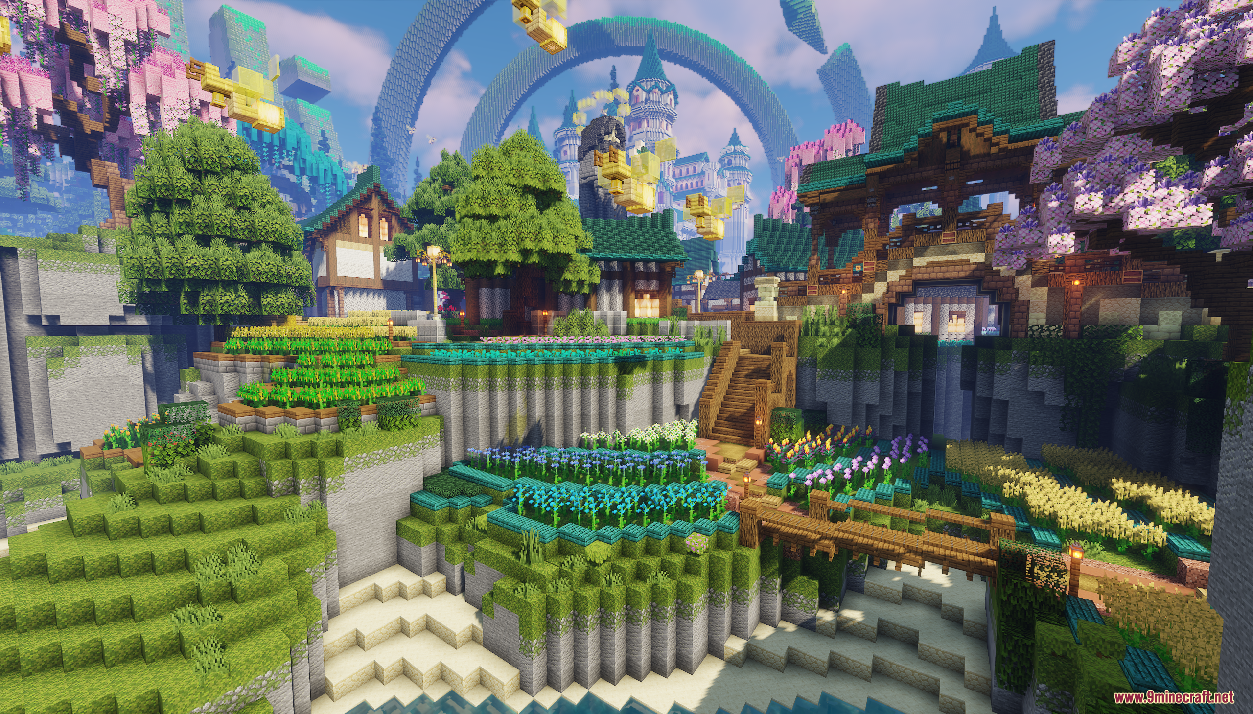 Emerald Era Map Screenshot 2 Terraced gardens and wooden houses in a vibrant village with a large castle background