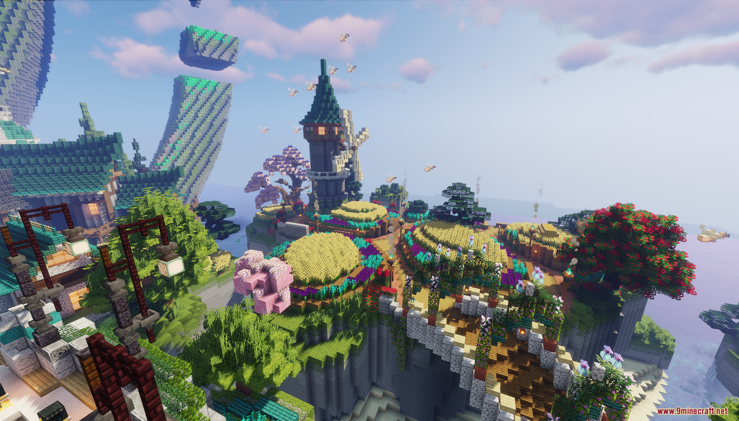 Emerald Era Map Screenshot 6 Scenic farm with a windmill and vibrant crops next to cherry blossom trees