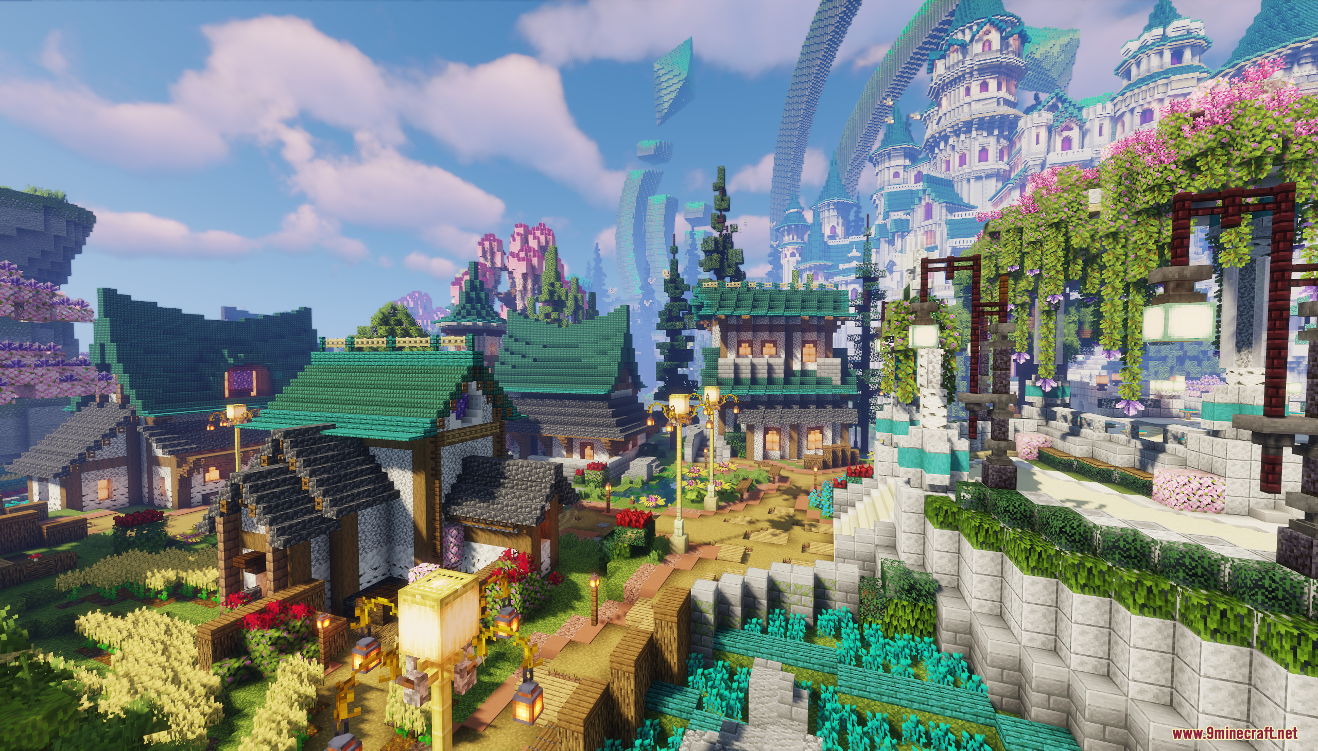 Emerald Era Map Screenshot 7 A scenic Minecraft village with green roofs and a grand white castle