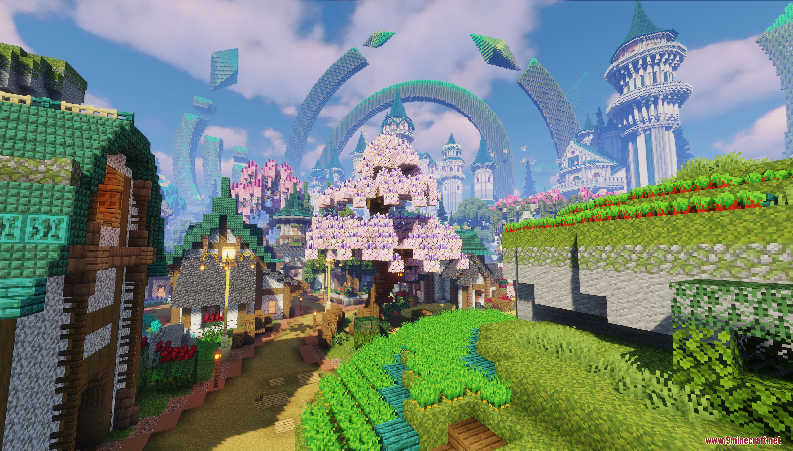 Emerald Era Map Screenshot 8 Cherry blossom tree in a village with floating green rings in sky