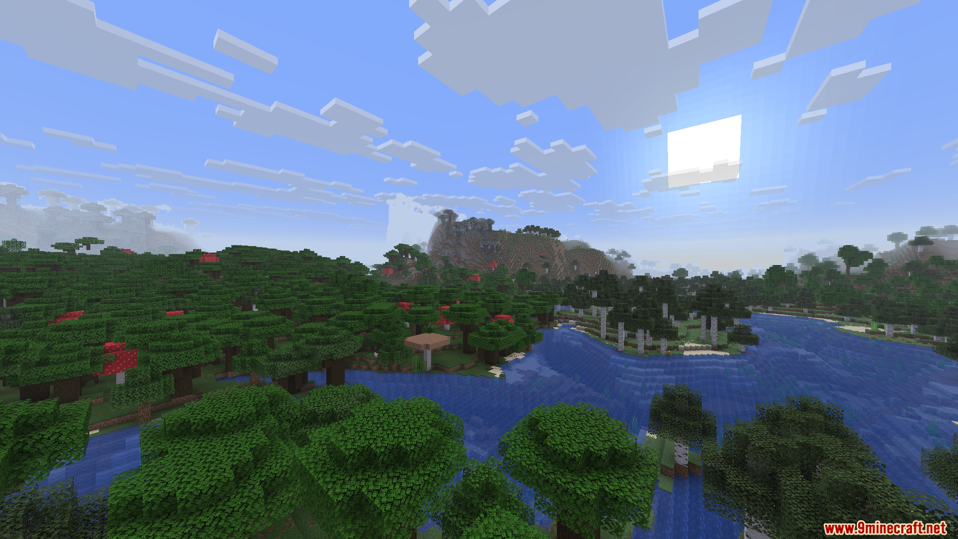 Enchanteds Sodium Options Mod Screenshot 10 River winding through a dense forest with giant red mushrooms and distant mountains