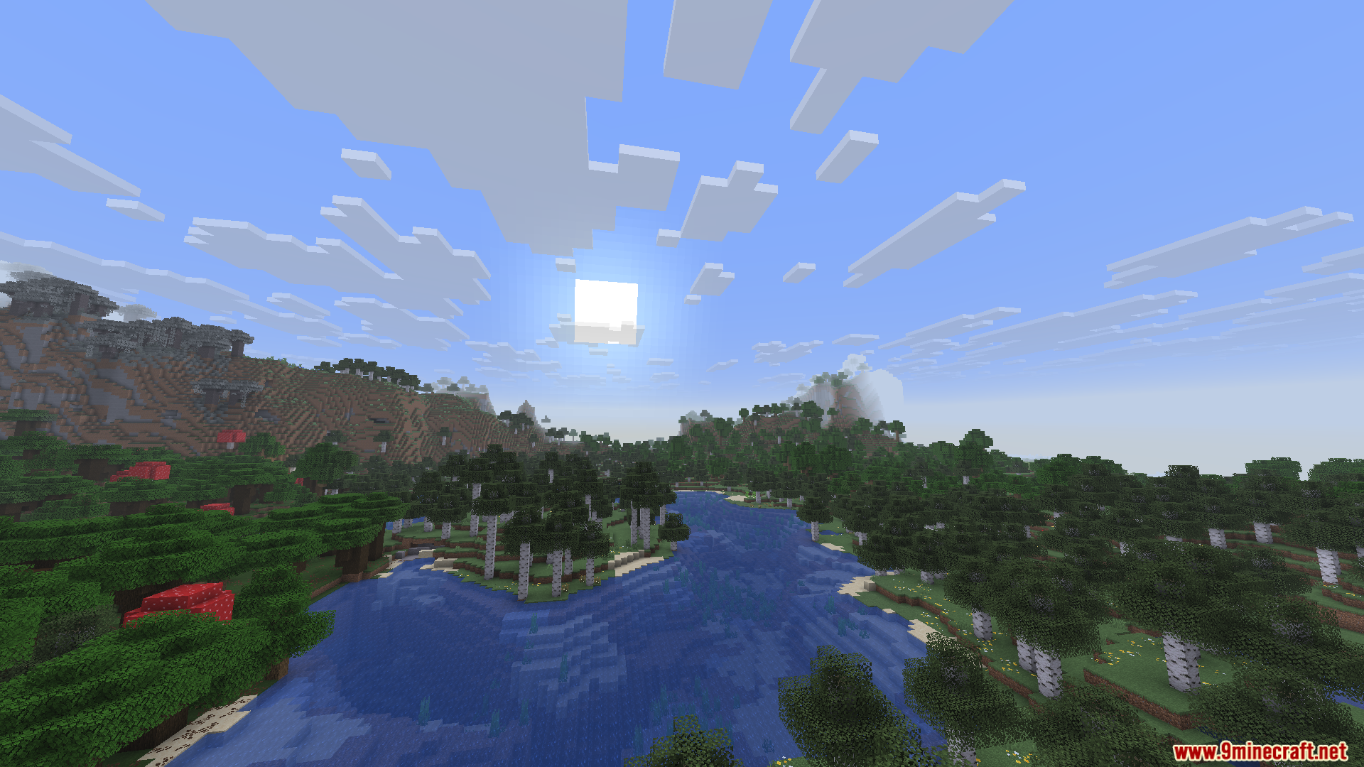 Enchanteds Sodium Options Mod Screenshot 11 Scenic Minecraft landscape featuring a river between birch and dark oak forests