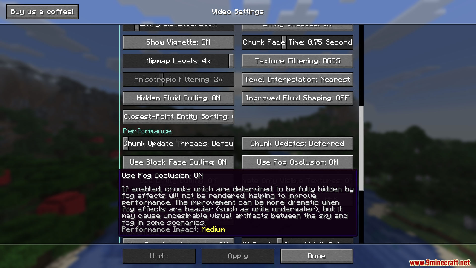 Enchanteds Sodium Options Mod Screenshot 12 Minecraft video settings menu showing performance options and a detailed tooltip description