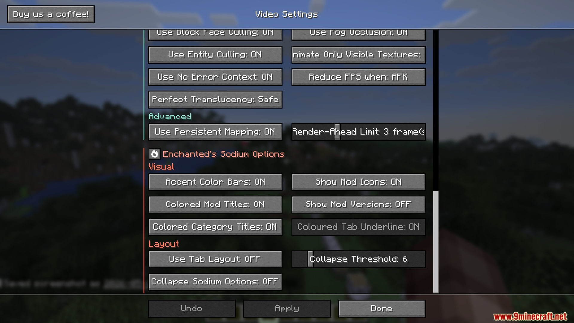 Enchanteds Sodium Options Mod Screenshot 2 Advanced video settings menu displaying specific visual and layout configuration options
