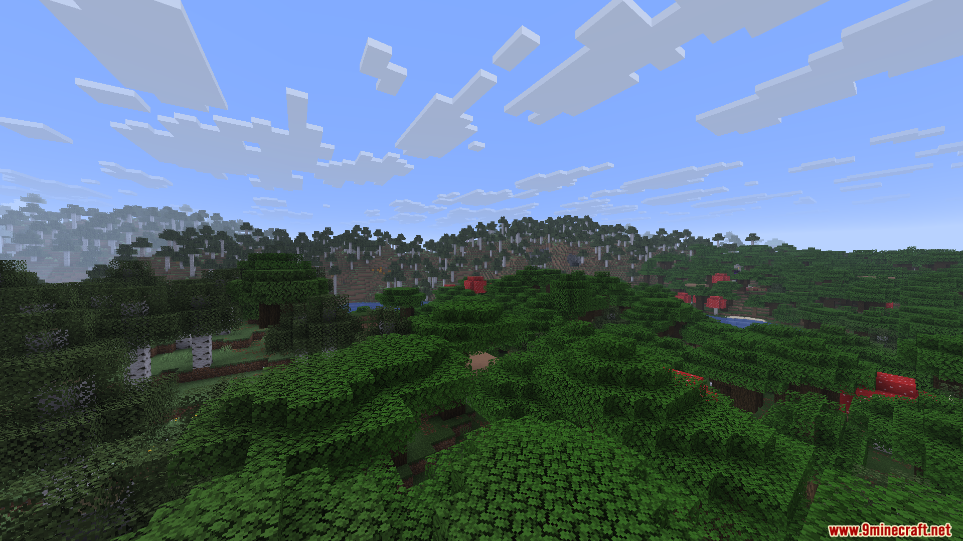 Enchanteds Sodium Options Mod Screenshot 8 A view over a lush forest canopy with a hill in the distance