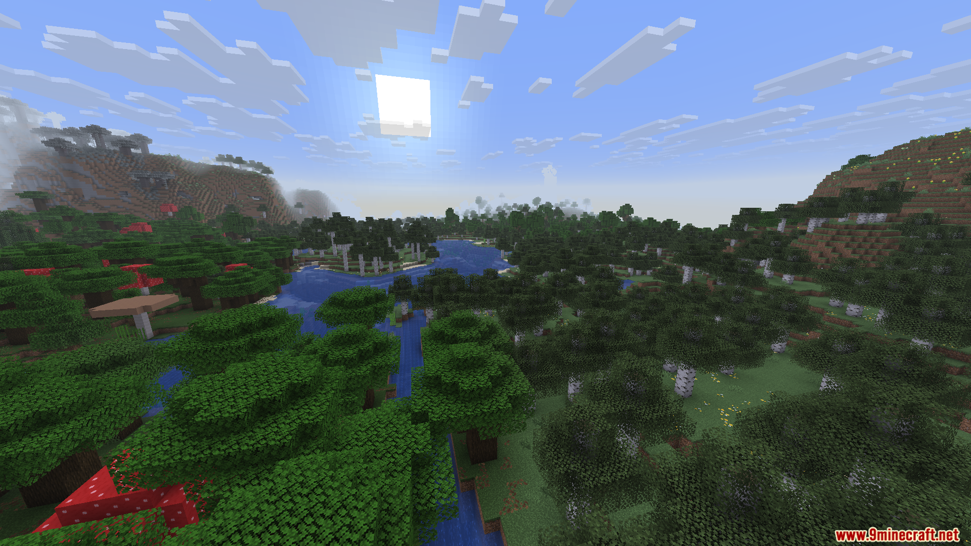 Enchanteds Sodium Options Mod Screenshot 9 Wide view of a river flowing between dark oak and birch forests