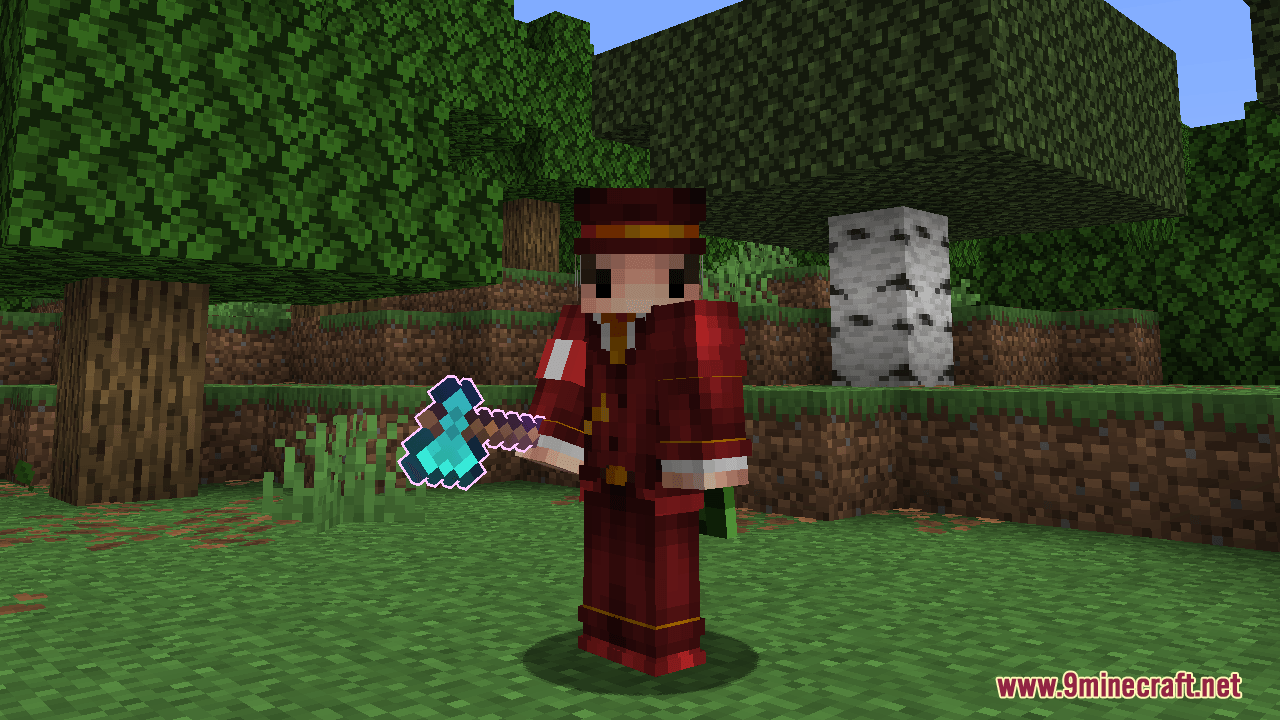 Player holding an enchanted diamond axe with a thin purple glowing outline