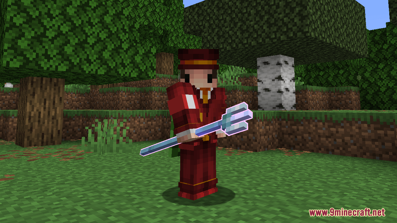 Player holding an enchanted trident with a bright glowing outline