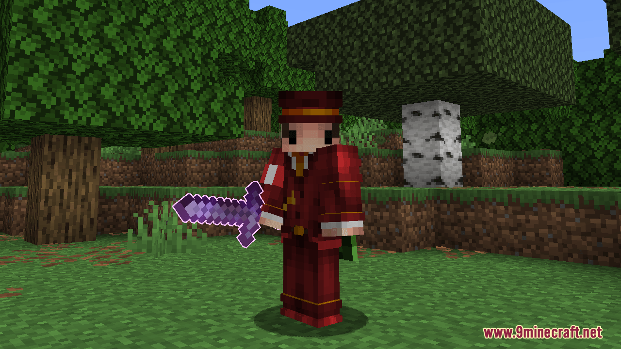 Player holding an enchanted sword displaying a bright purple glowing edge effect