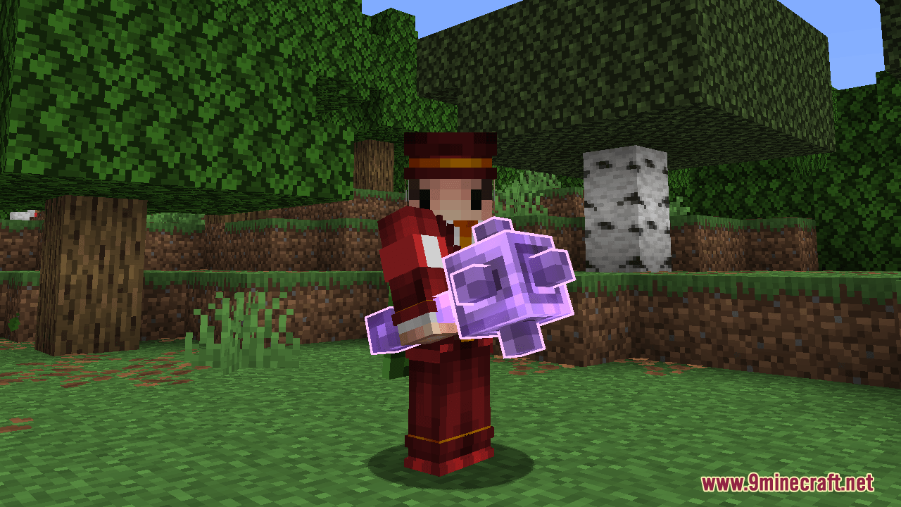 Player holding an enchanted mace with a bright purple glowing outline