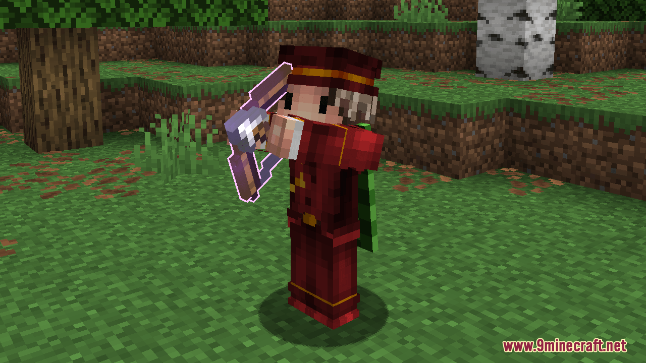 Player aiming an enchanted bow featuring a thin purple glowing outline effect