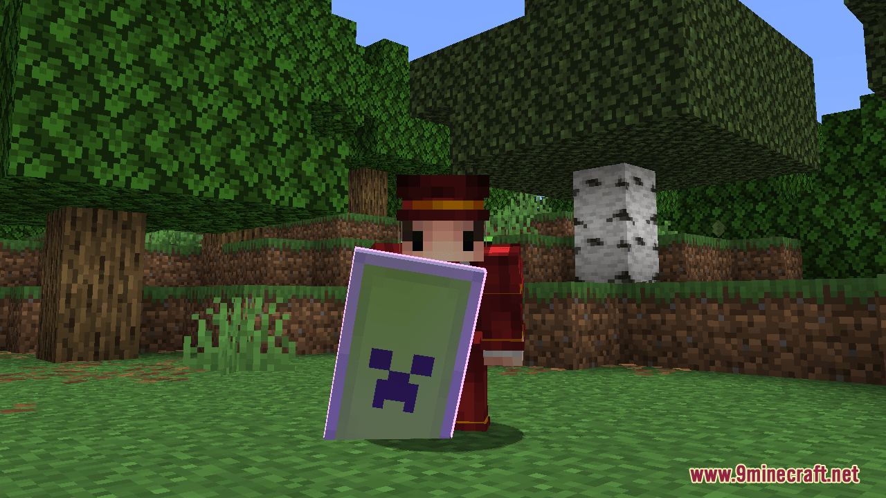 Player holding an enchanted shield with a thin purple glowing outline