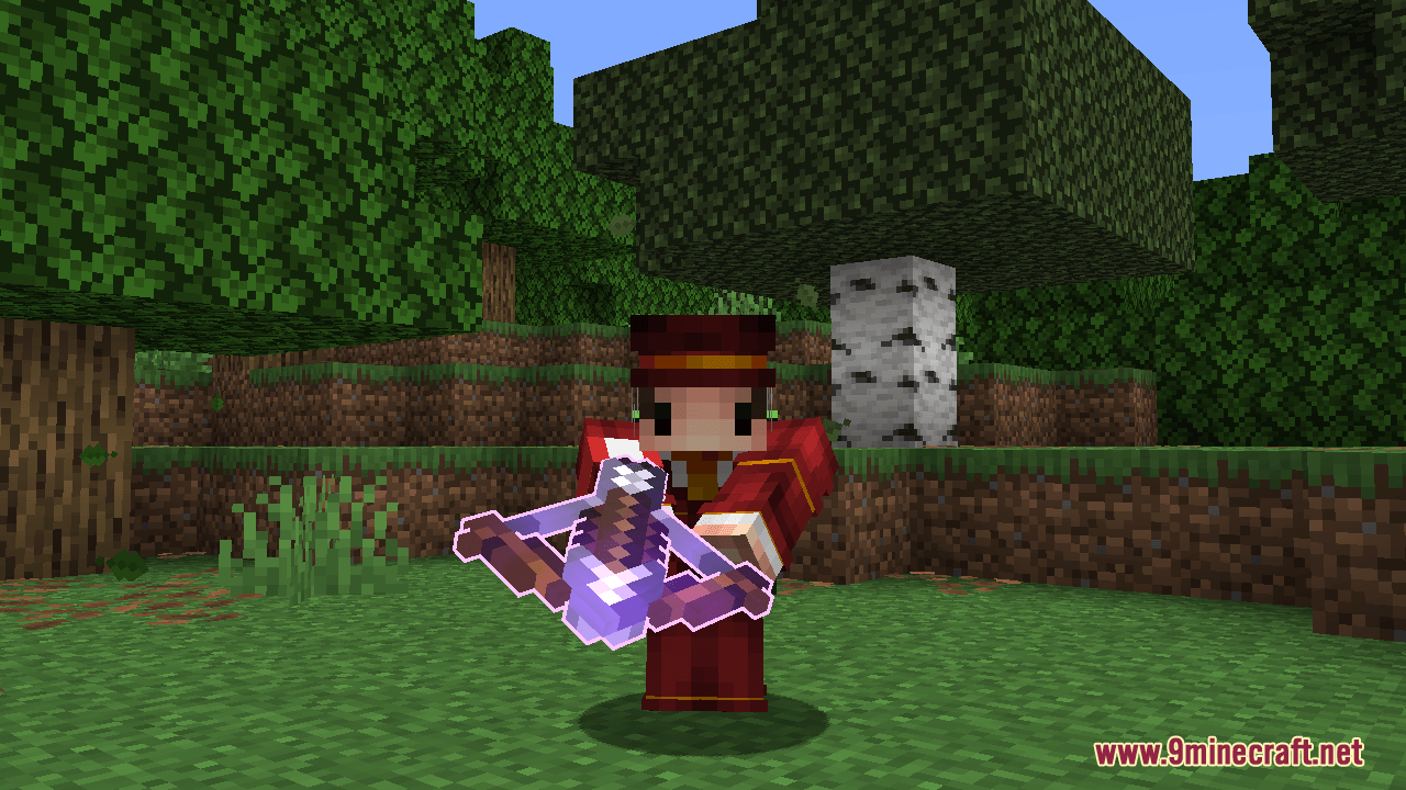 Player holding an enchanted crossbow with a bright purple glowing outline