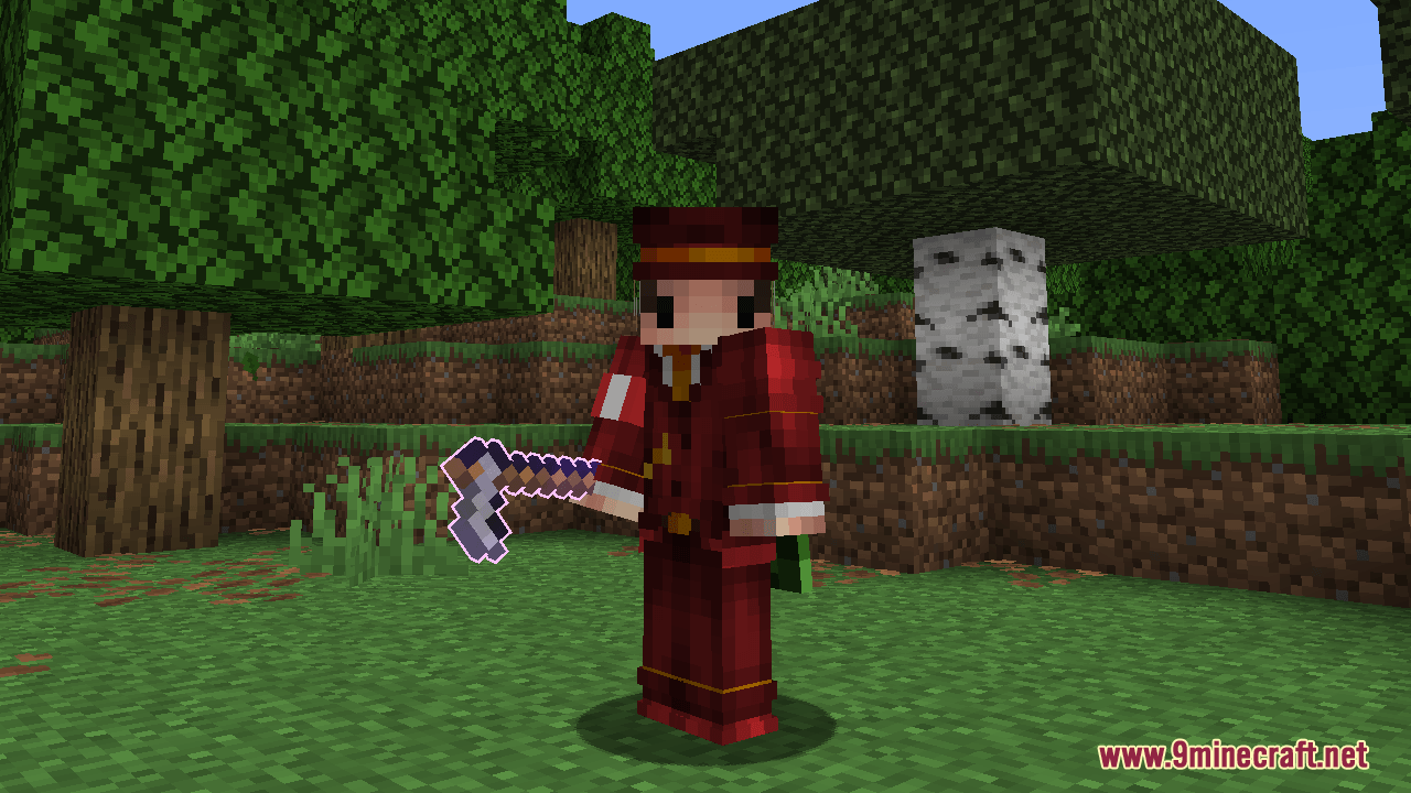 Player in red uniform holding an enchanted pickaxe with a thin purple outline