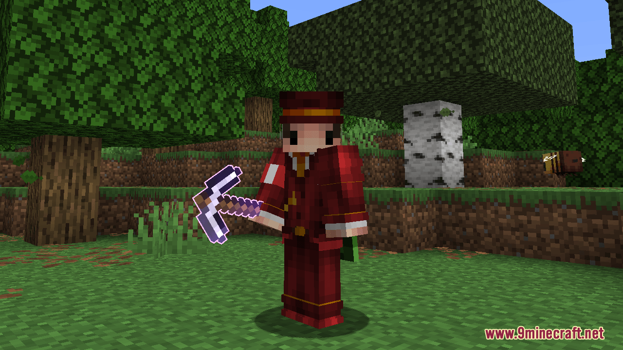 Player holding an enchanted pickaxe with a glowing outline near a flying bee