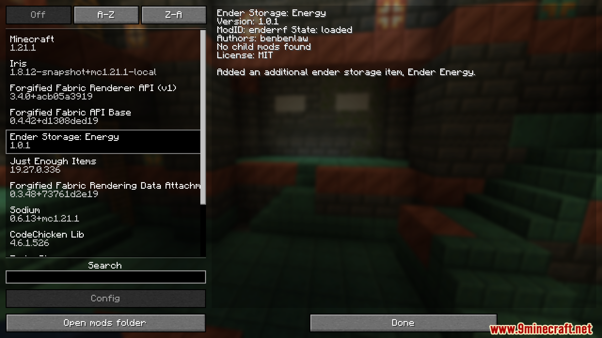 Ender Storage Energy mod details in the mods menu