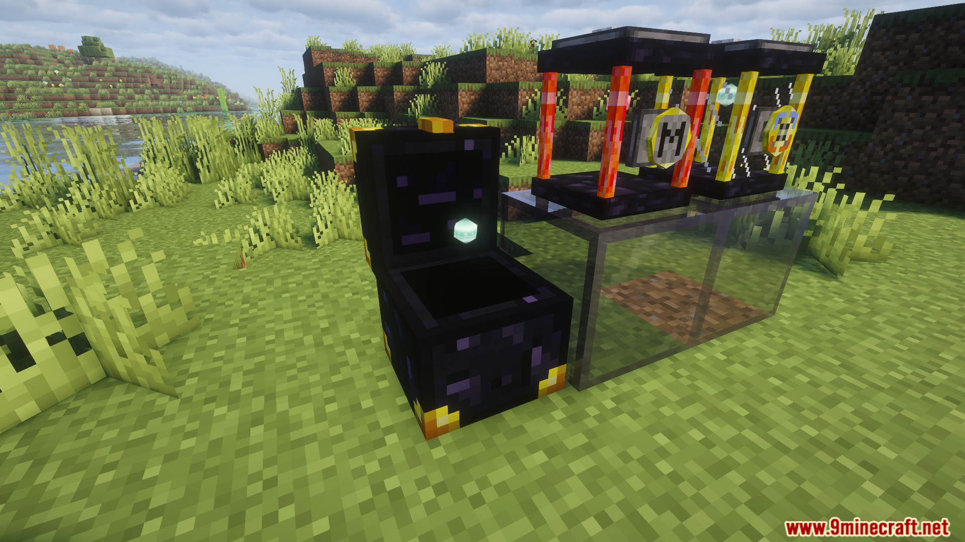 Ender Batteries placed on glass next to an Ender Chest
