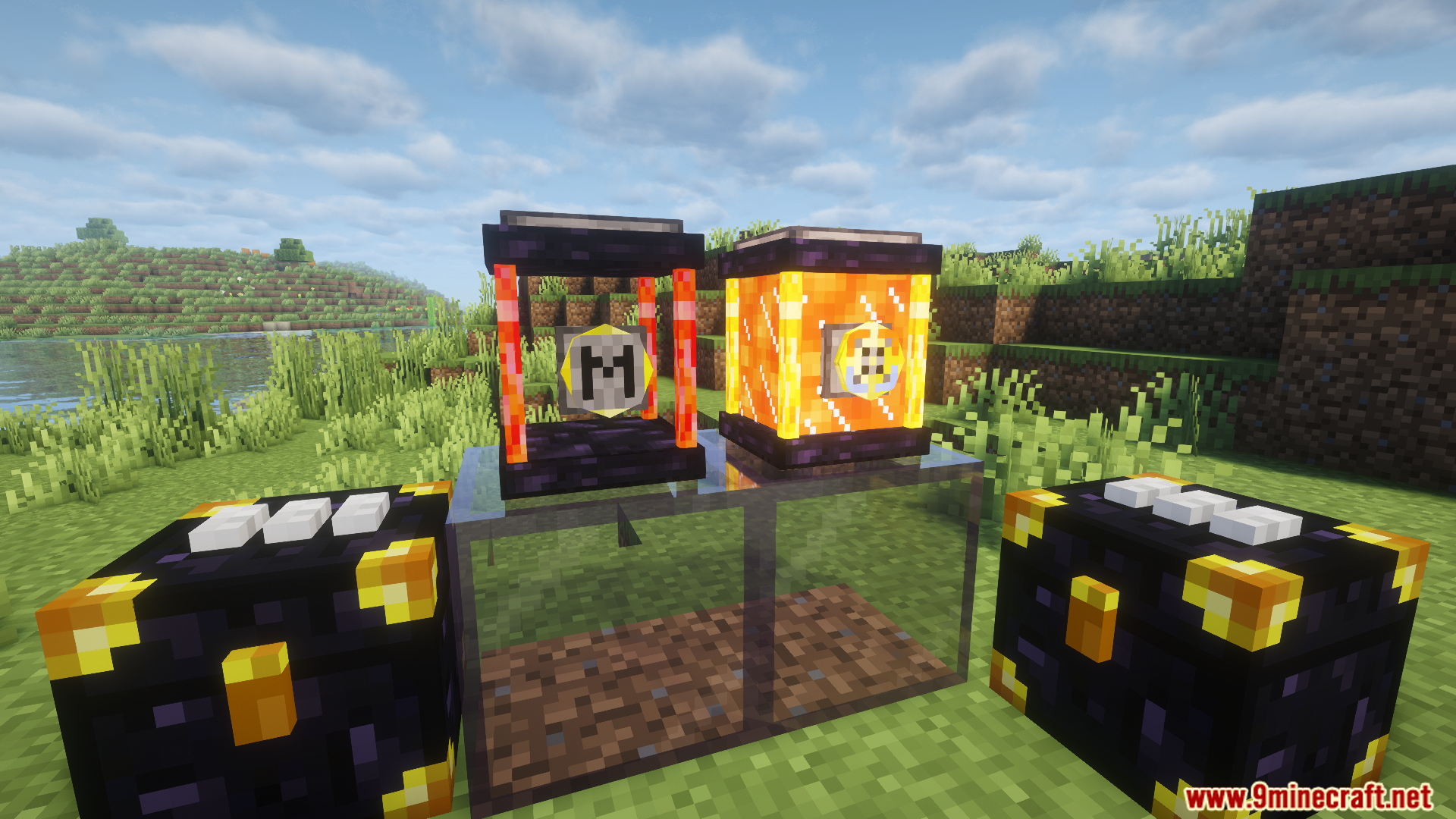 Ender Storage Energy Mod batteries and chests on display