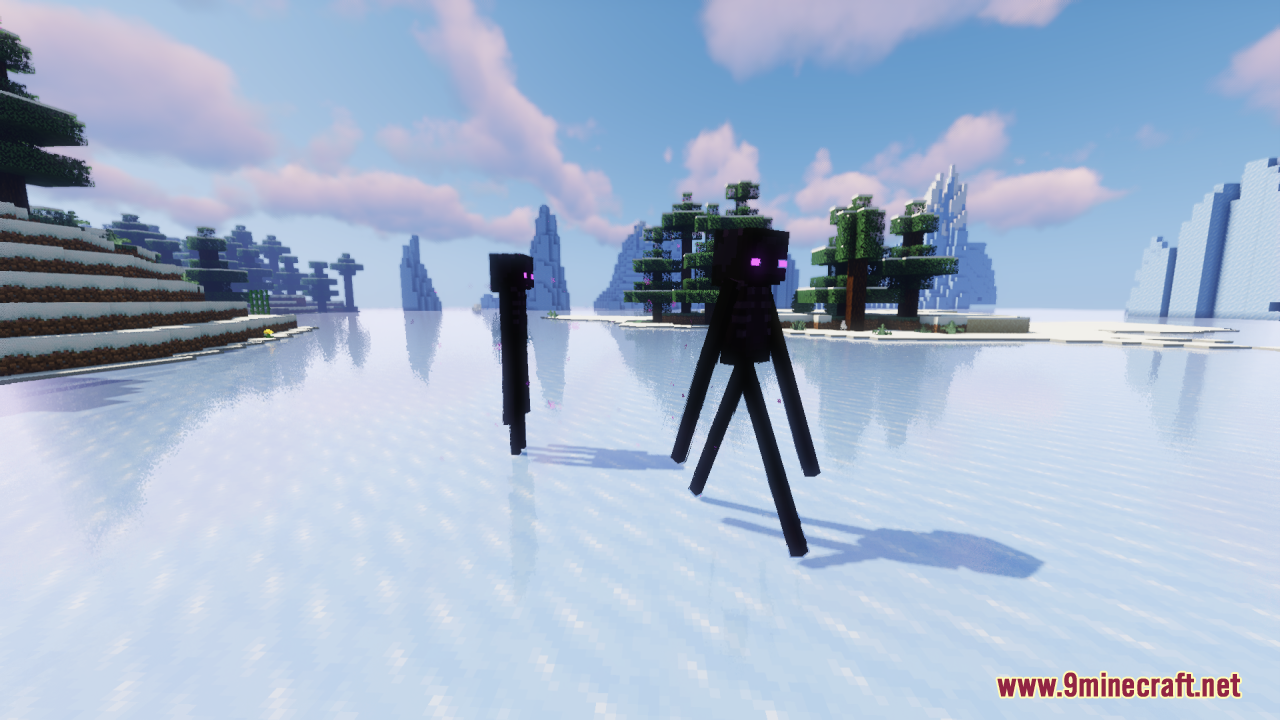 Endermen with updated visual styles standing on a frozen ocean ice biome