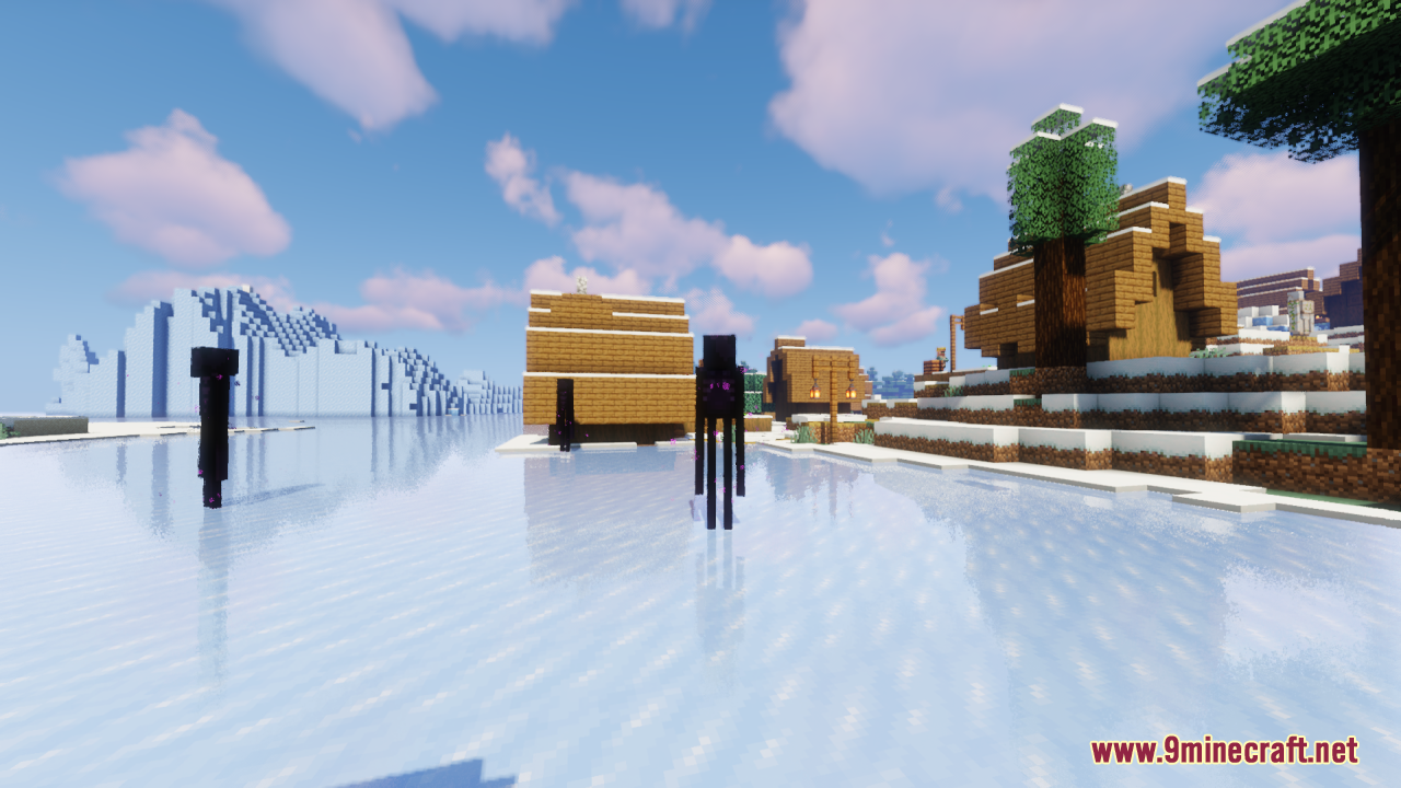 Three Endermen standing on a frozen lake near a snowy village