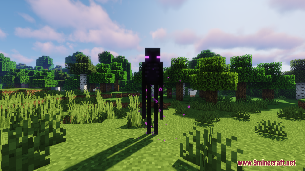 An Enderman with glowing purple eyes standing in a sunny grassy forest