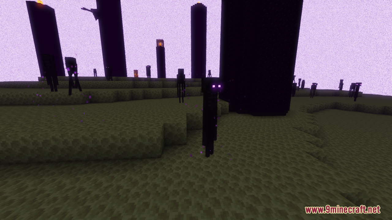 Enhanced Enderman with glowing purple eyes standing in the End dimension