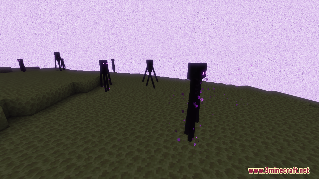 Group of updated Endermen wandering across the purple End dimension landscape