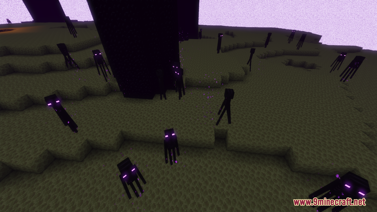 Group of enhanced Endermen standing around a tall obsidian pillar in the End