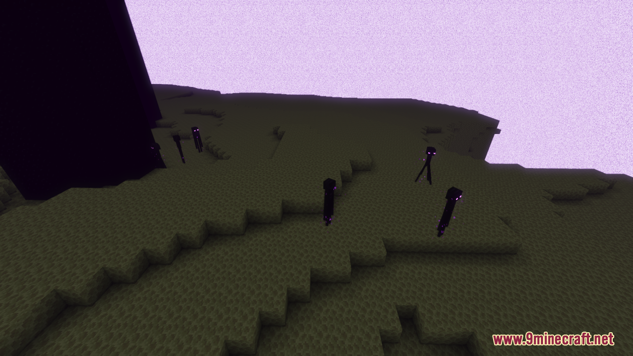 Several Endermen mobs wandering across end stone terrain near an obsidian pillar