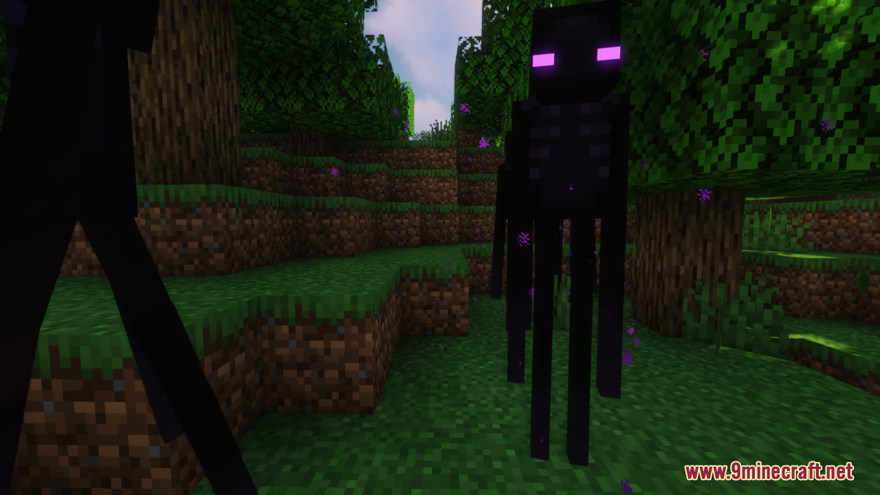 Close up of an enhanced Enderman with glowing purple eyes in a forest