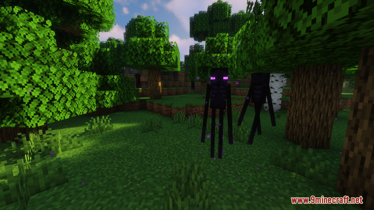 Two tall Endermen mobs standing together in a sunny green forest biome