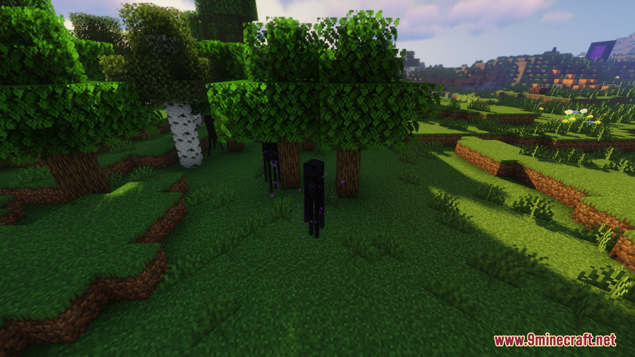 Two Endermen with updated textures standing under trees in a grassy forest
