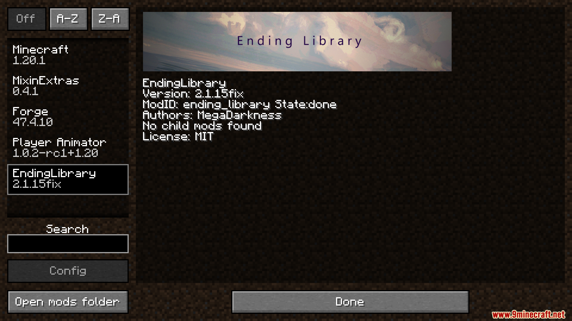 EndingLibrary mod information screen in the Minecraft mods menu