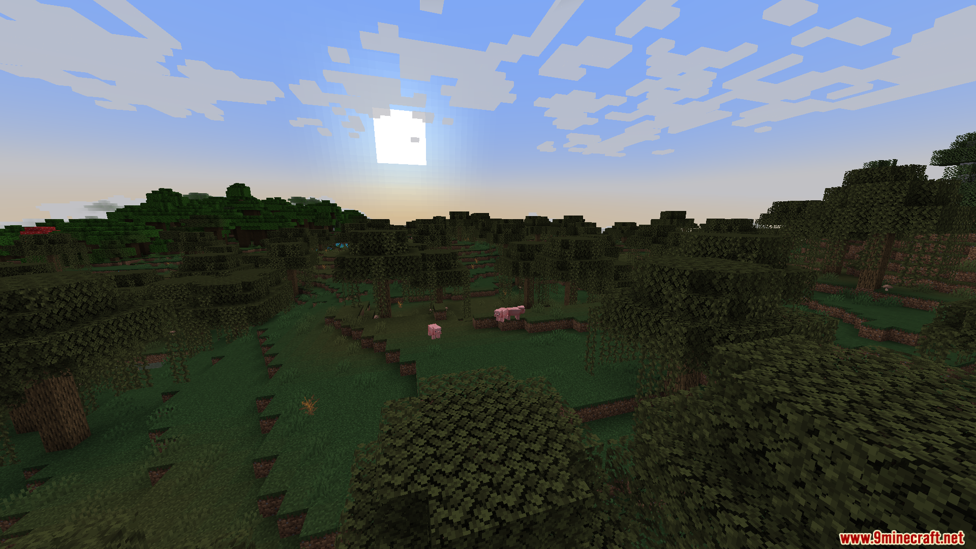 A peaceful Minecraft forest landscape with pigs during the day