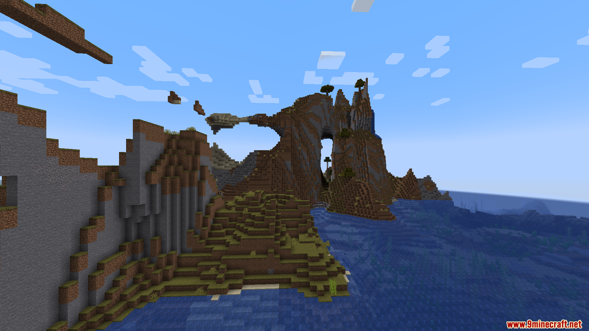 Dramatic mountain landscape with a natural arch and floating islands