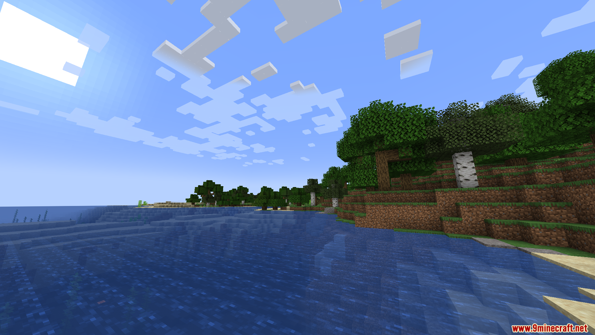 A calm river flows alongside a lush green forest
