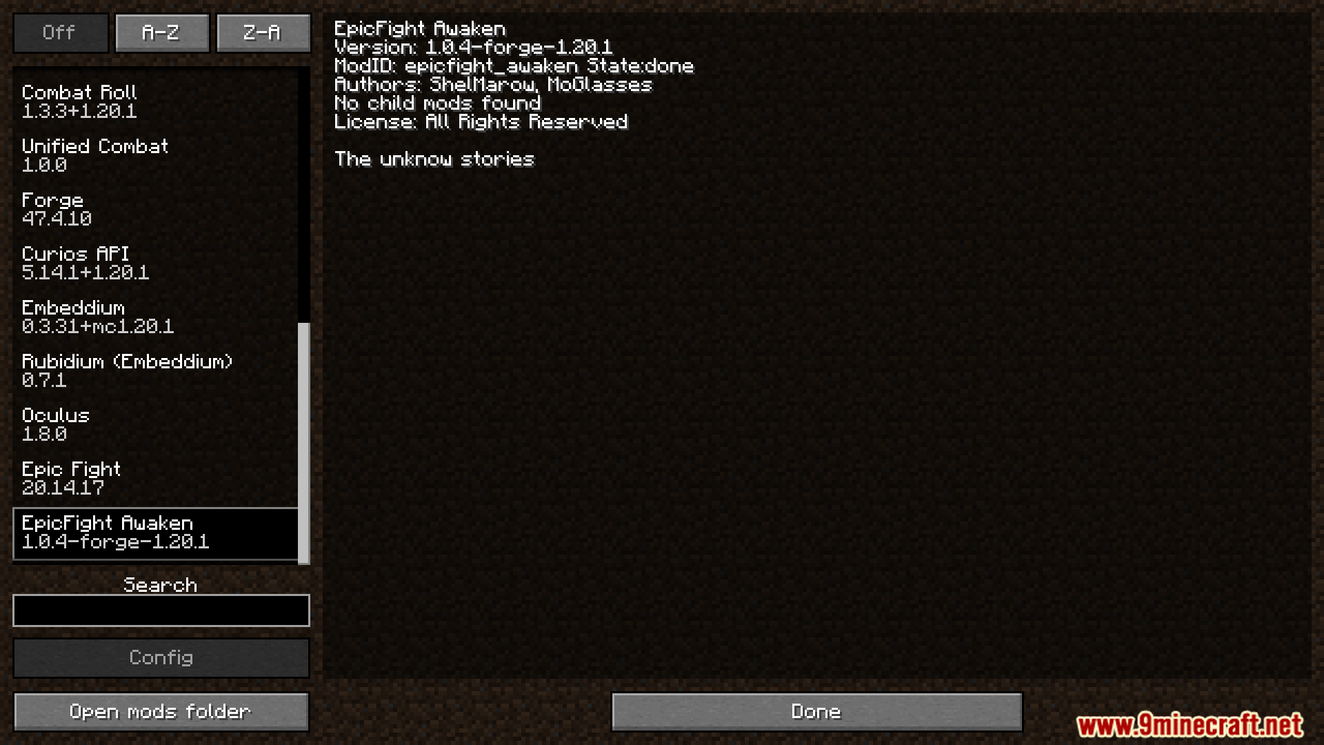 EpicFight Awaken mod information in the mods list
