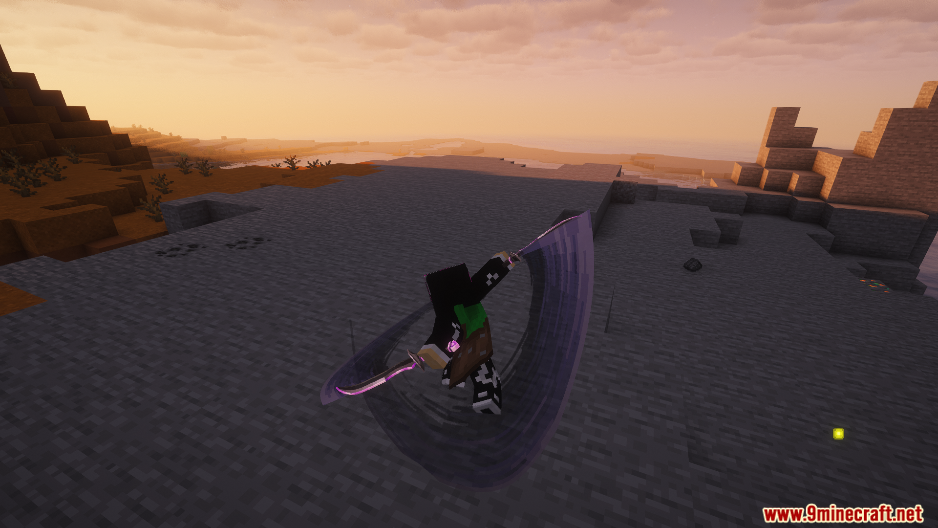 Player performing a spinning attack with dual purple blades