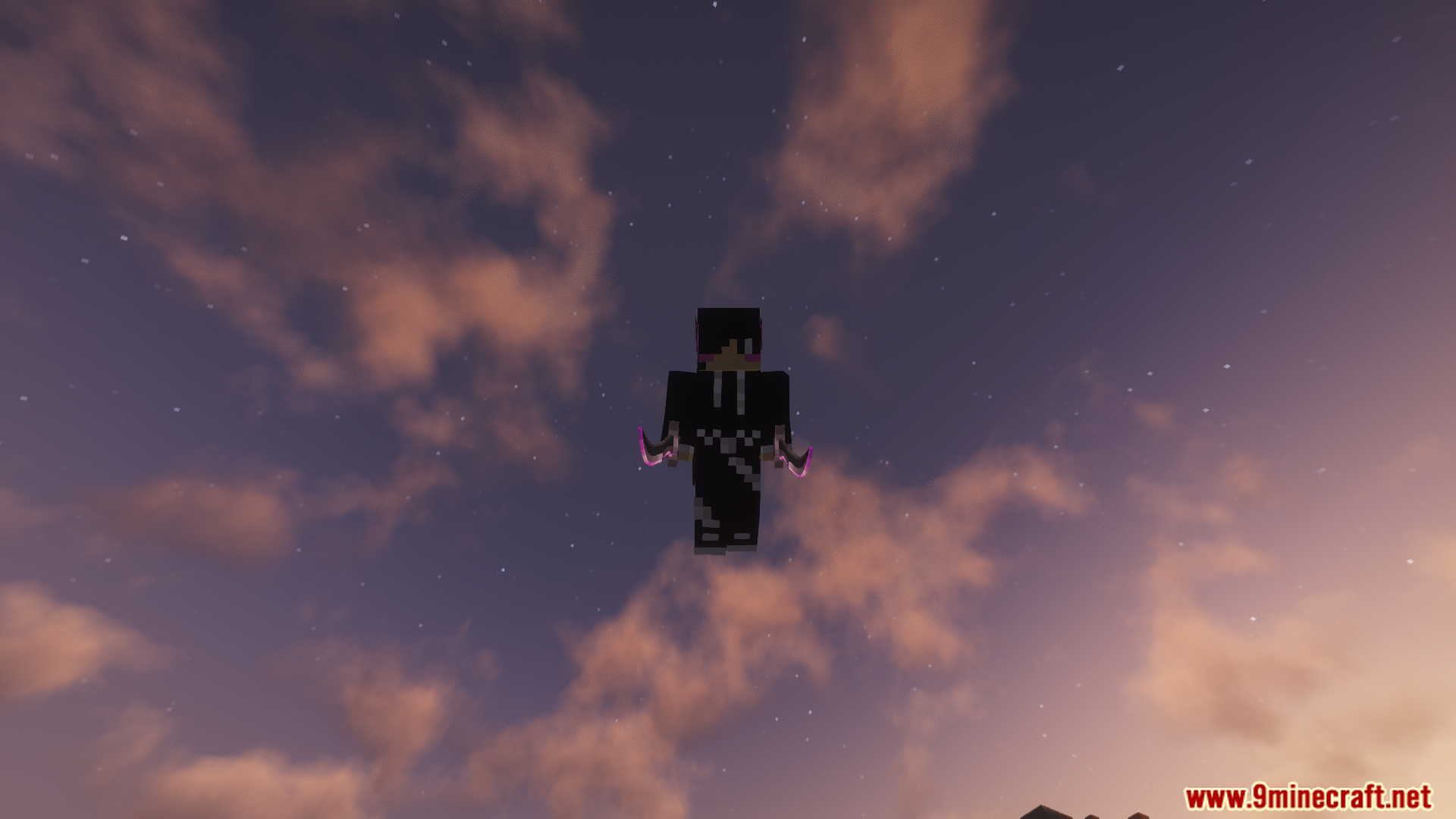 Player holding dual glowing blades in the night sky