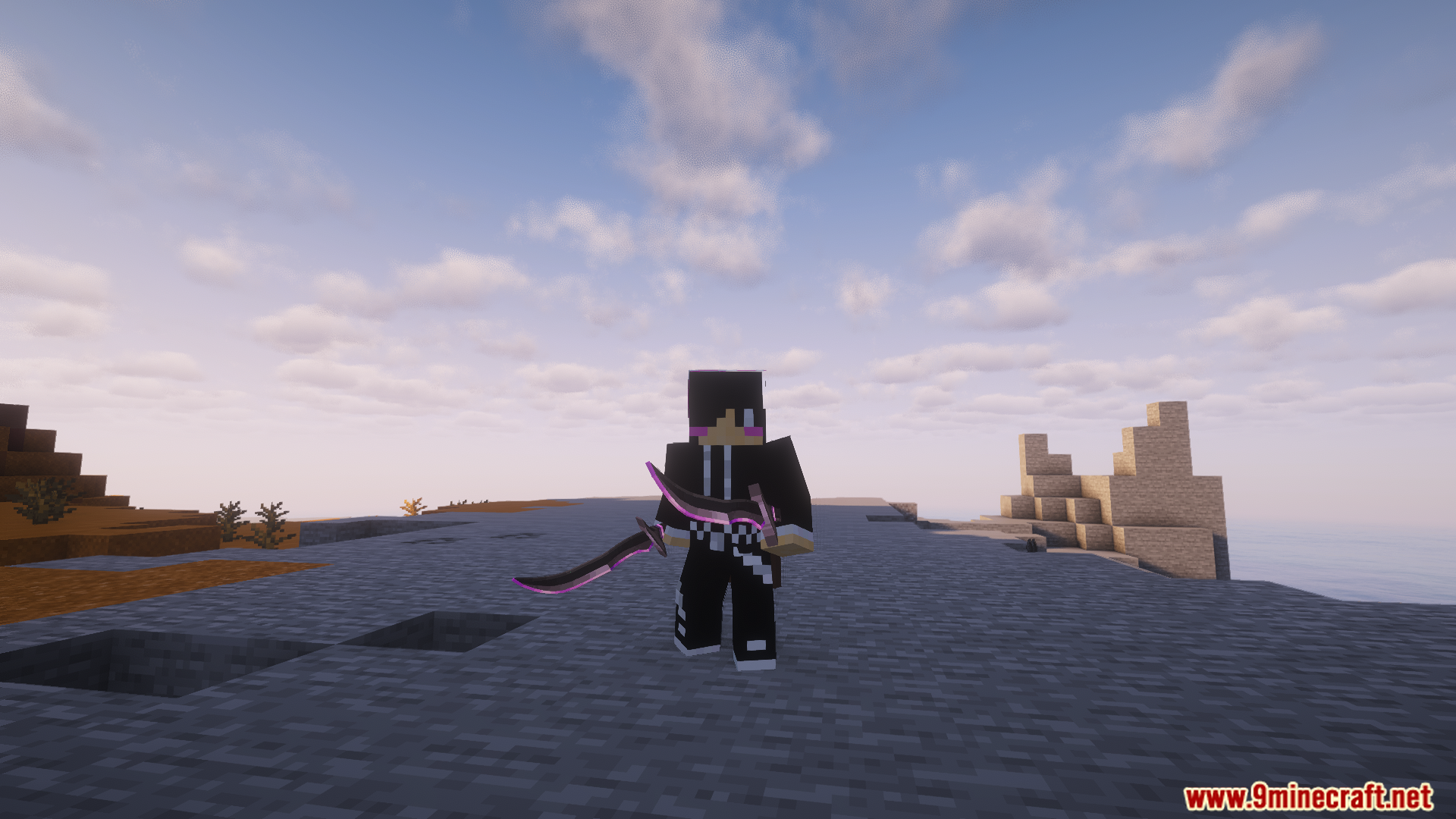 Player wielding dual glowing swords by the ocean