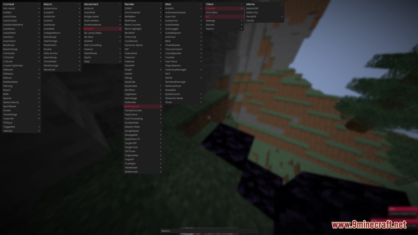 Epitaph client GUI menu with many cheat modules