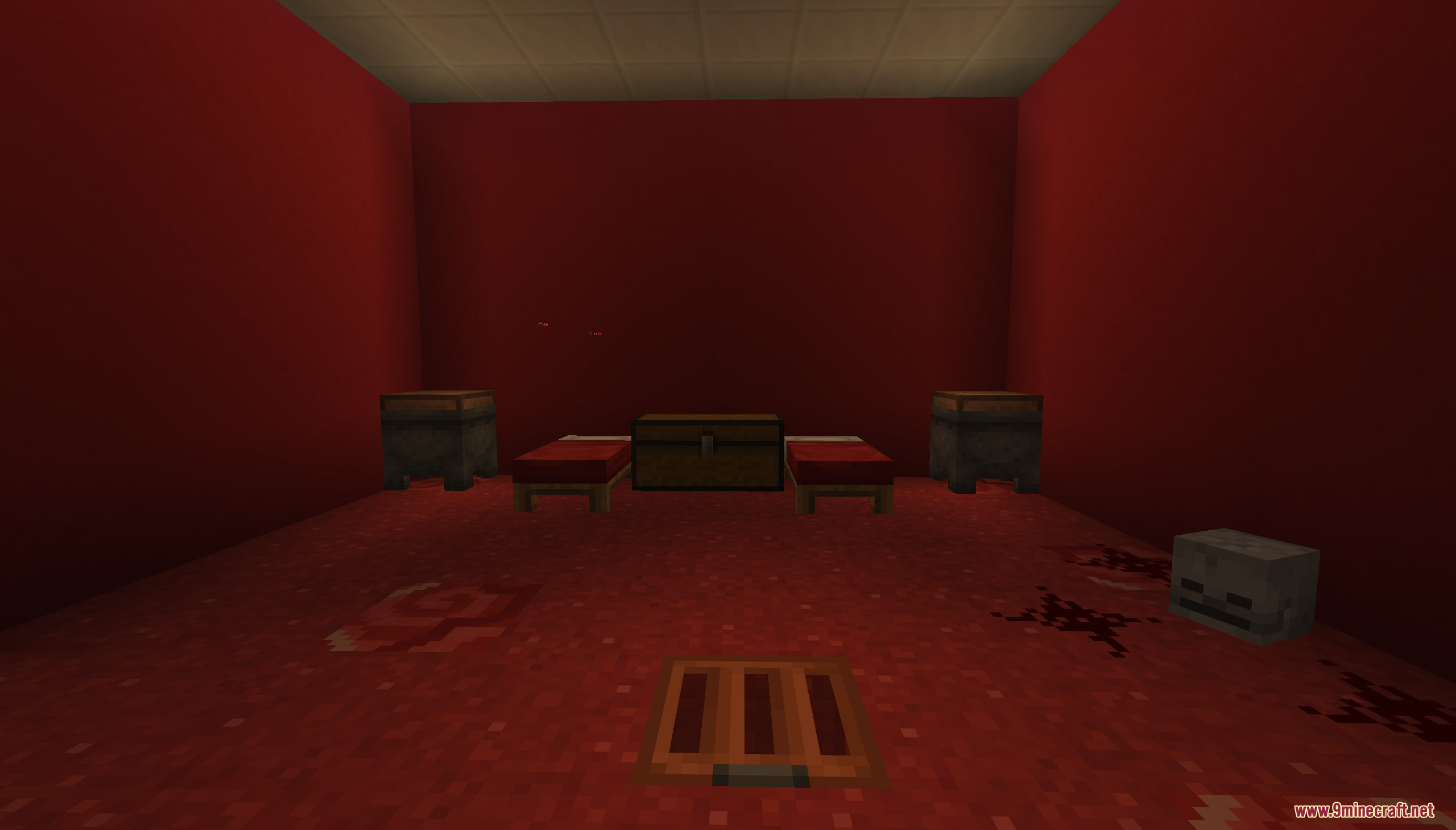 Escape from Prison Color Map Screenshot 1 Red themed puzzle room featuring beds a chest and a skeleton skull