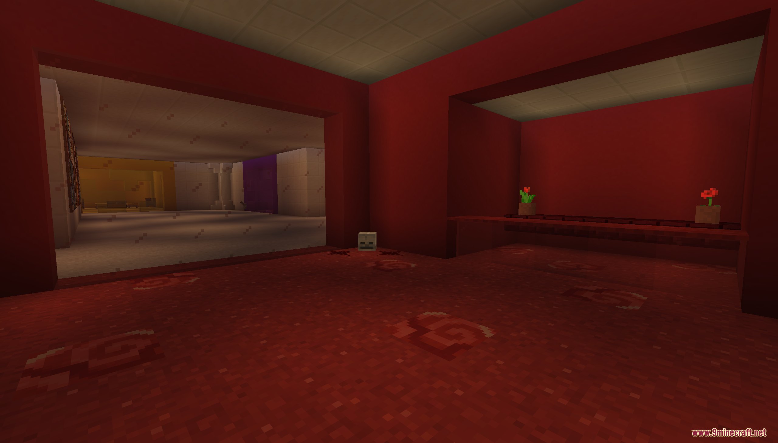 Escape from Prison Color Map Screenshot 2 View from a red prison room into a bright hallway with potted flowers